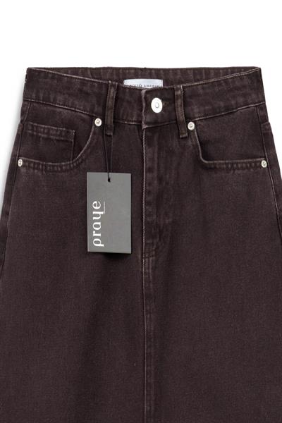 Uzun Çan Denim Etek Kahverengi