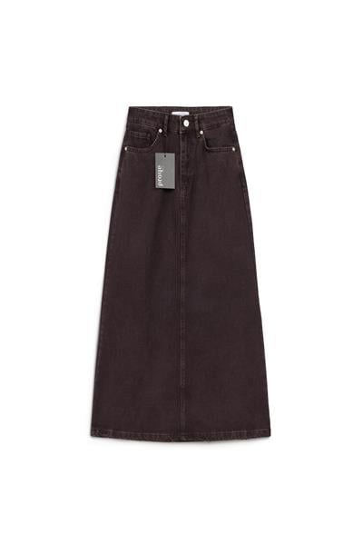 Uzun Çan Denim Etek Kahverengi