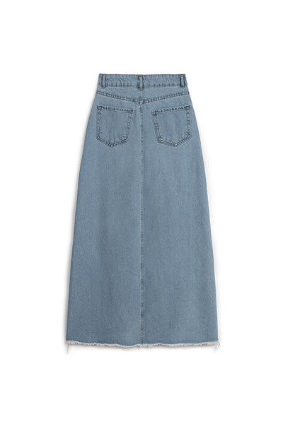 Uzun Püsküllü Denim Etek Açık Mavi