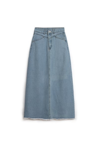 Uzun Püsküllü Denim Etek Açık Mavi