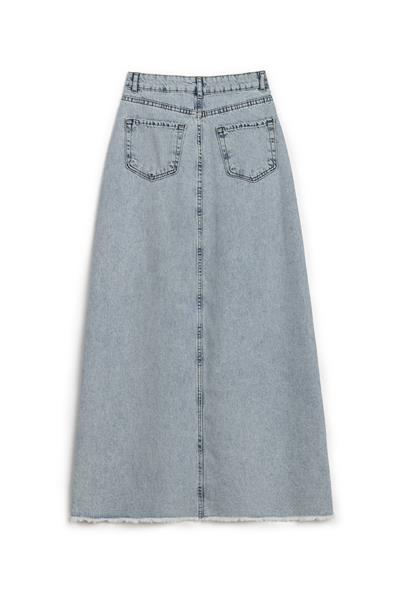 Uzun Püsküllü Denim Etek Buz Mavi