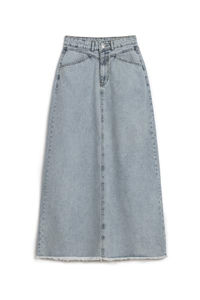Uzun Püsküllü Denim Etek Buz Mavi