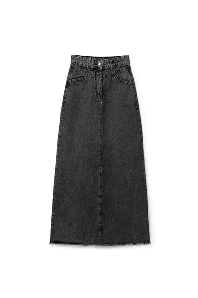 Uzun Püsküllü Denim Etek Füme
