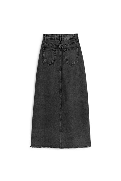 Uzun Püsküllü Denim Etek Füme