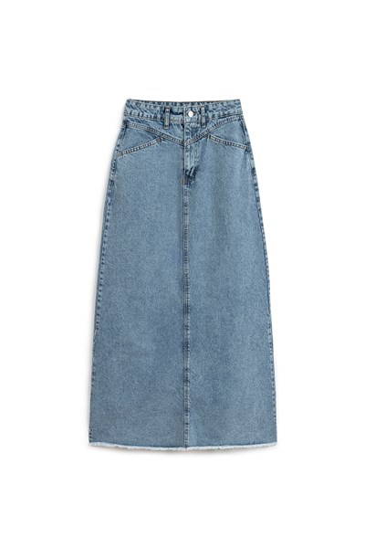 Uzun Püsküllü Denim Etek Mavi Kar Yıkama