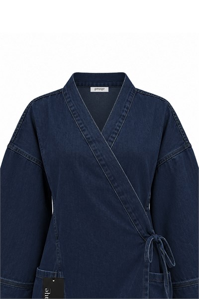 Yandan Bağlamalı Denim Ceket Koyu Mavi
