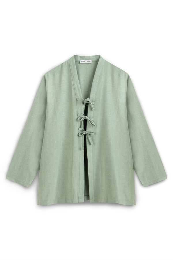 Bağcıklı Keten Karışımlı Kimono Çağla