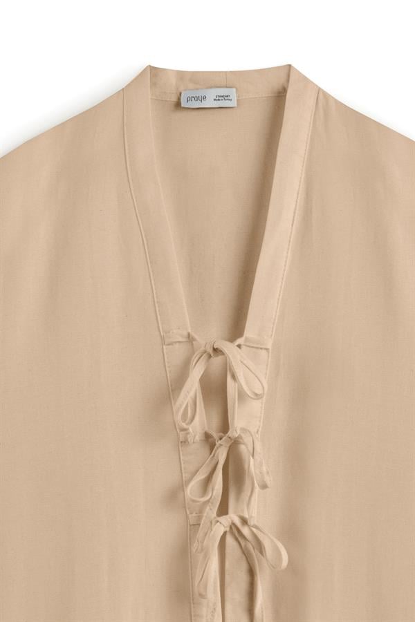 Bağcıklı Keten Karışımlı Kimono Camel