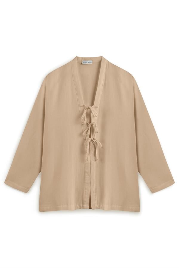 Bağcıklı Keten Karışımlı Kimono Camel