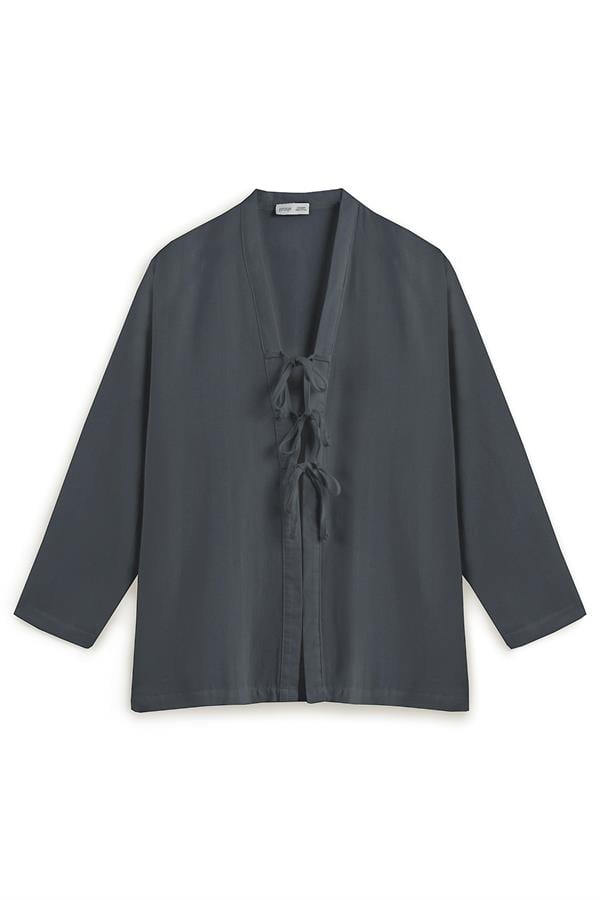 Bağcıklı Keten Karışımlı Kimono Füme