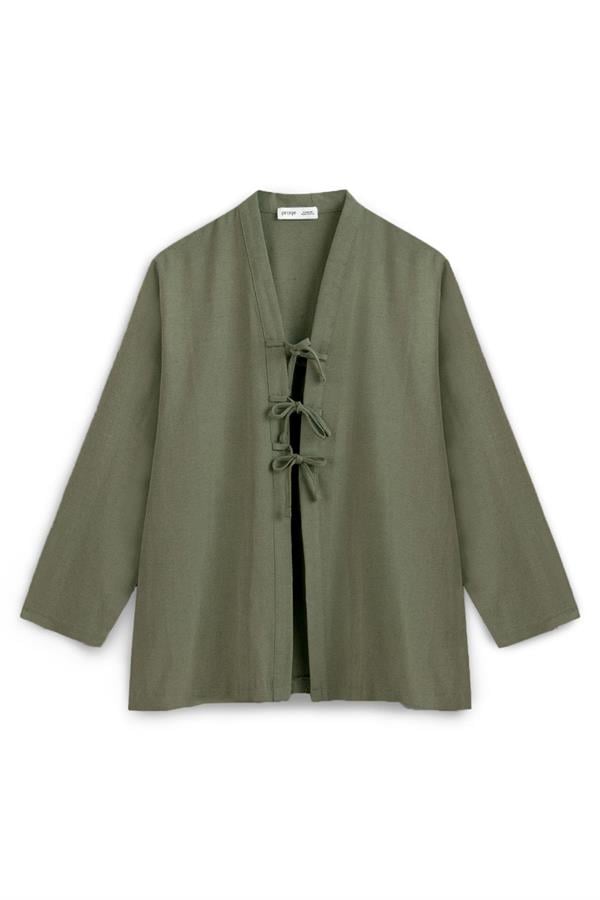 Bağcıklı Keten Karışımlı Kimono Haki