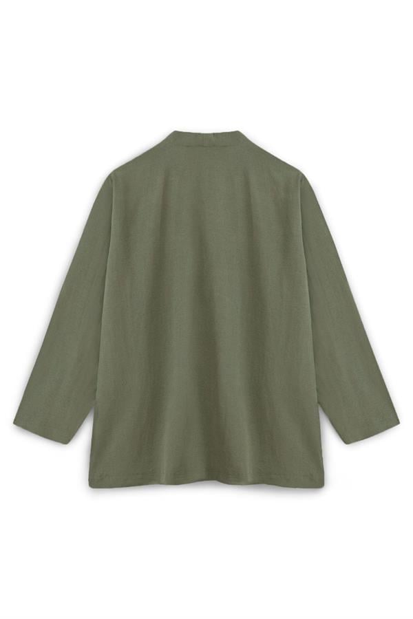 Bağcıklı Keten Karışımlı Kimono Haki