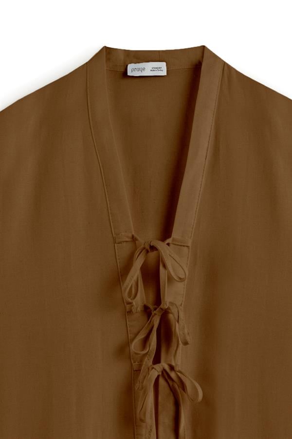 Bağcıklı Keten Karışımlı Kimono Kahverengi
