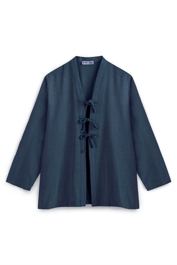 Bağcıklı Keten Karışımlı Kimono Lacivert