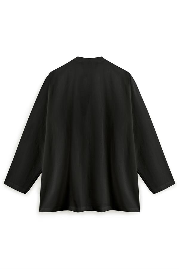 Bağcıklı Keten Karışımlı Kimono Siyah
