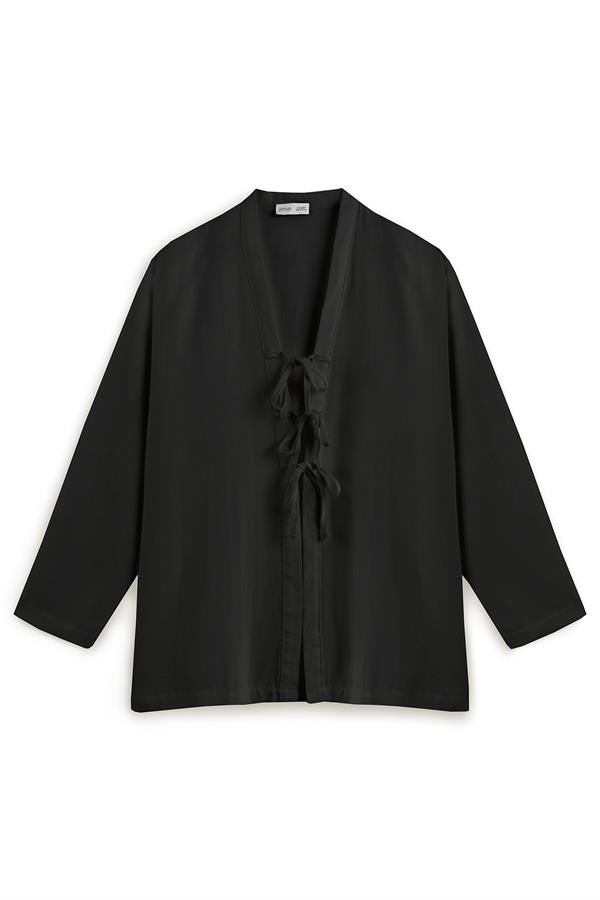 Bağcıklı Keten Karışımlı Kimono Siyah