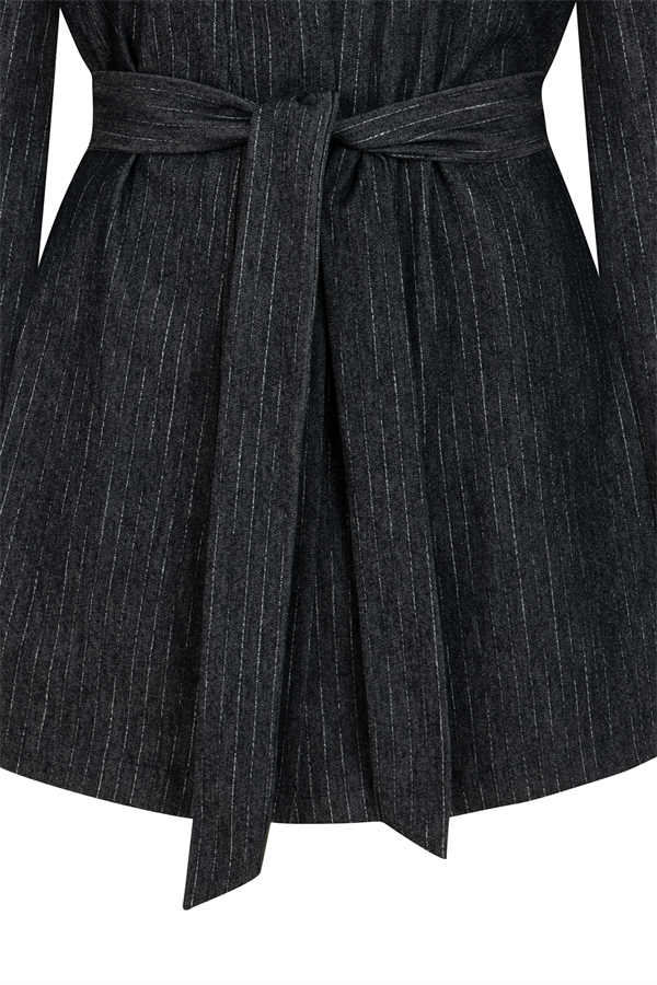 Bağlamalı Çizgili Denim Kimono Mavi