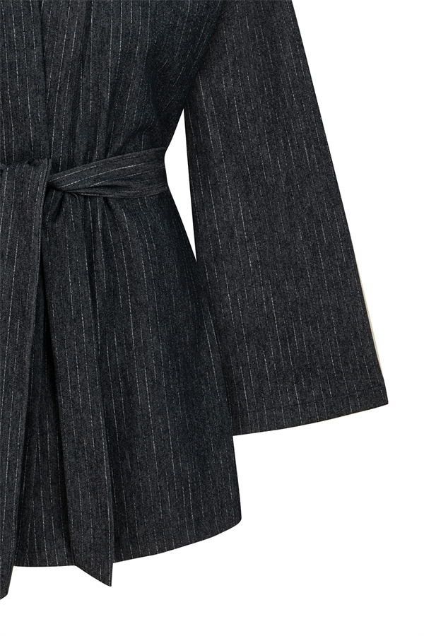 Bağlamalı Çizgili Denim Kimono Mavi