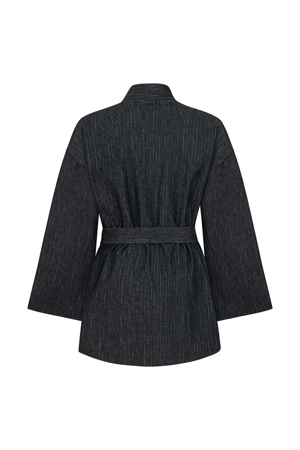 Bağlamalı Çizgili Denim Kimono Mavi