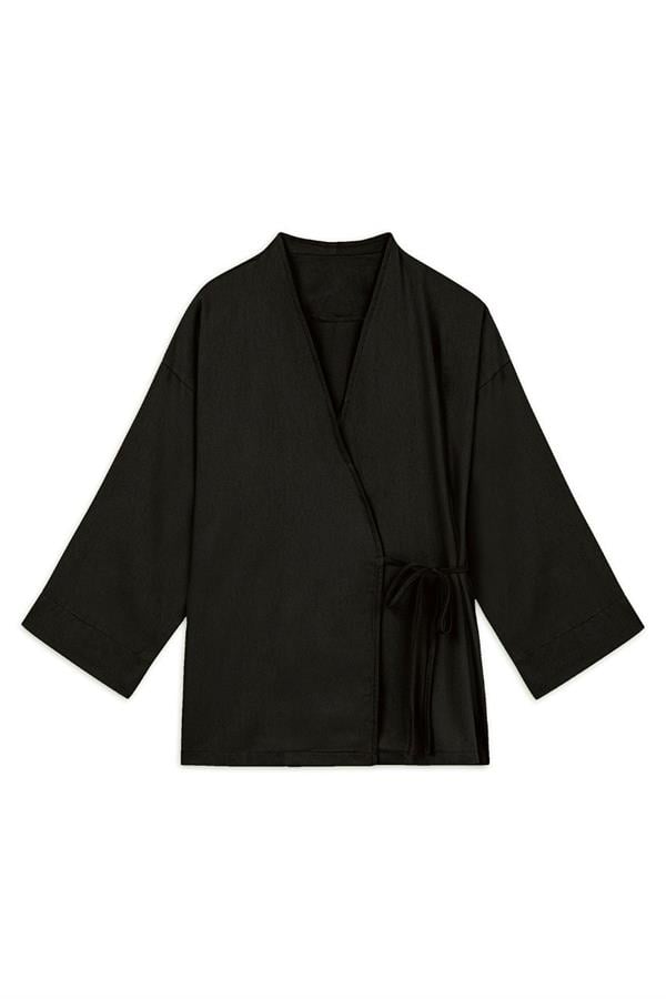 Bağlamalı Gabardin Kimono Siyah