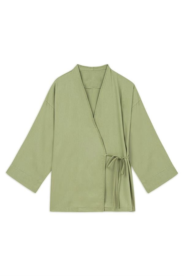 Bağlamalı Gabardin Kimono Yağ Yeşili