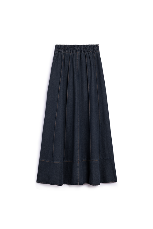 Biyeli Kloş Denim Etek Koyu Mavi