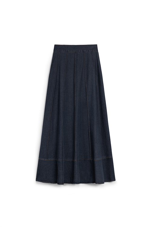 Biyeli Kloş Denim Etek Koyu Mavi