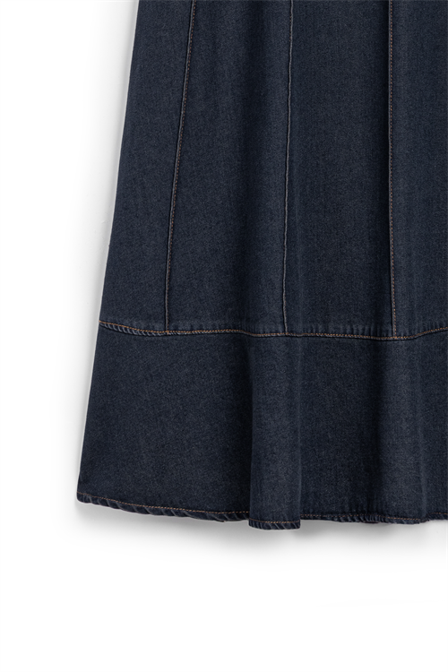 Biyeli Kloş Denim Etek Koyu Mavi