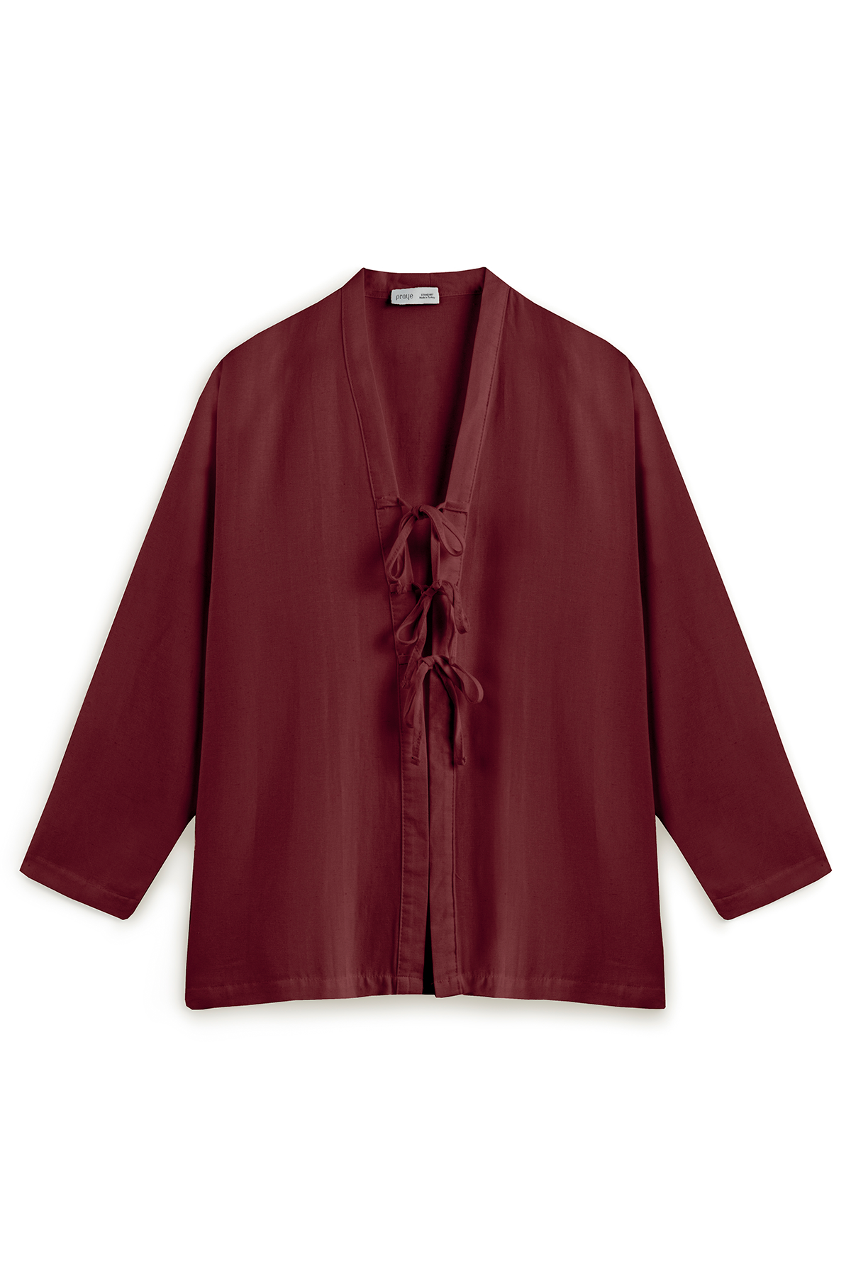 Bağcıklı Keten Karışımlı Kimono Bordo
