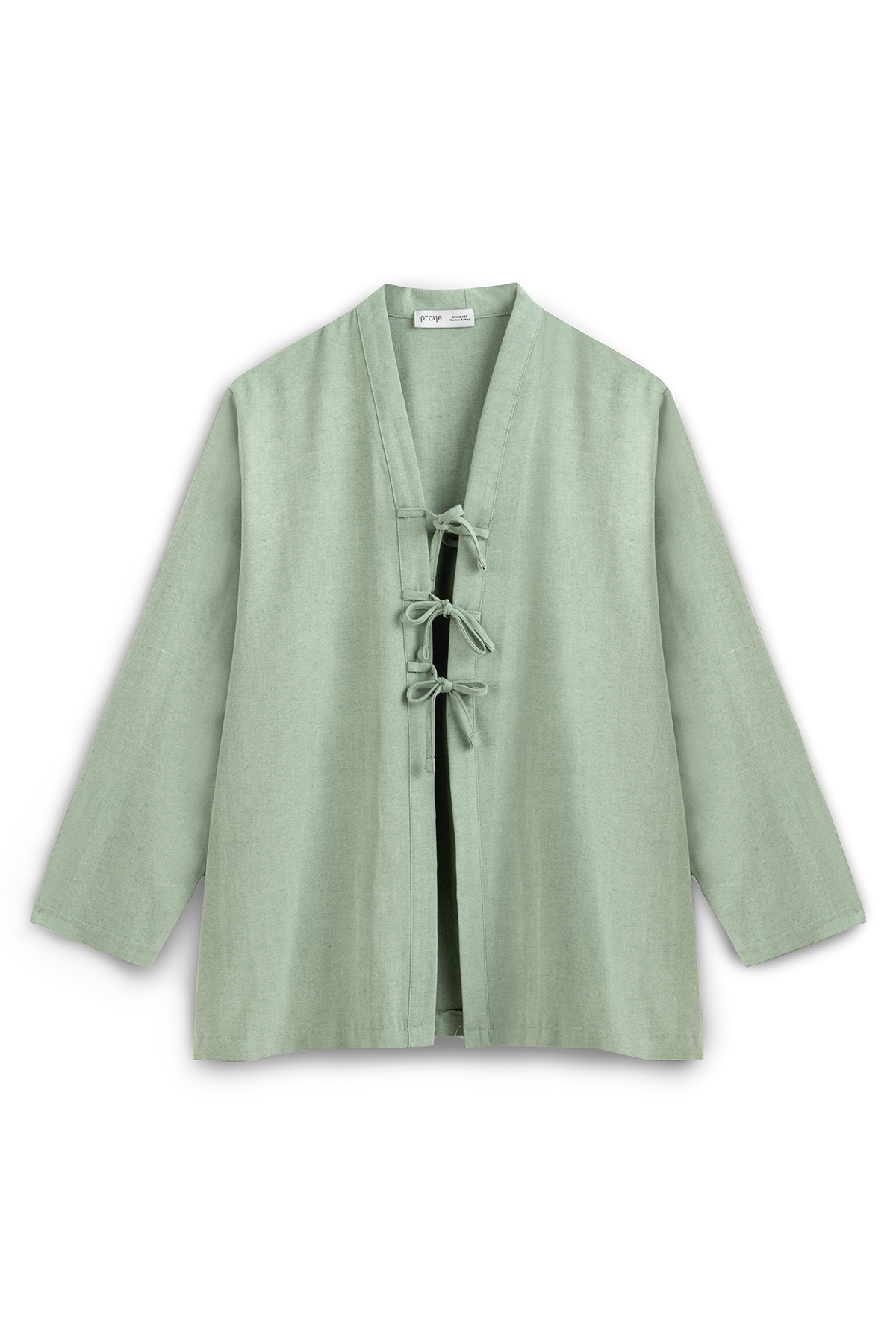 Bağcıklı Keten Karışımlı Kimono Çağla