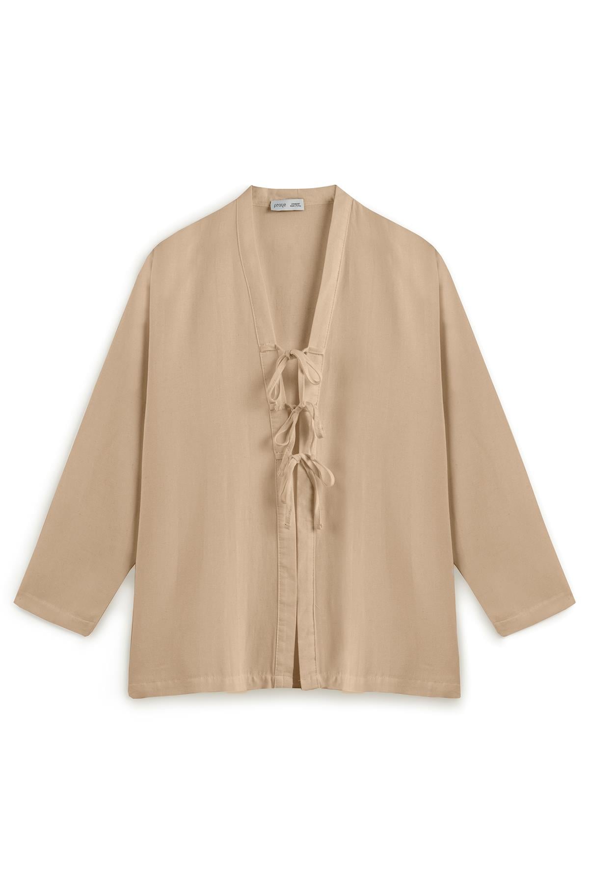 Bağcıklı Keten Karışımlı Kimono Camel