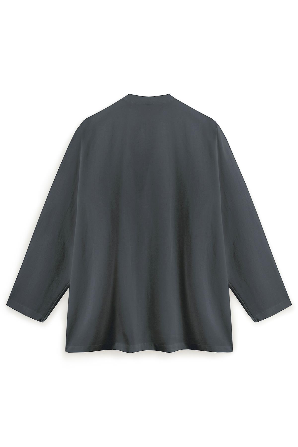 Bağcıklı Keten Karışımlı Kimono Füme