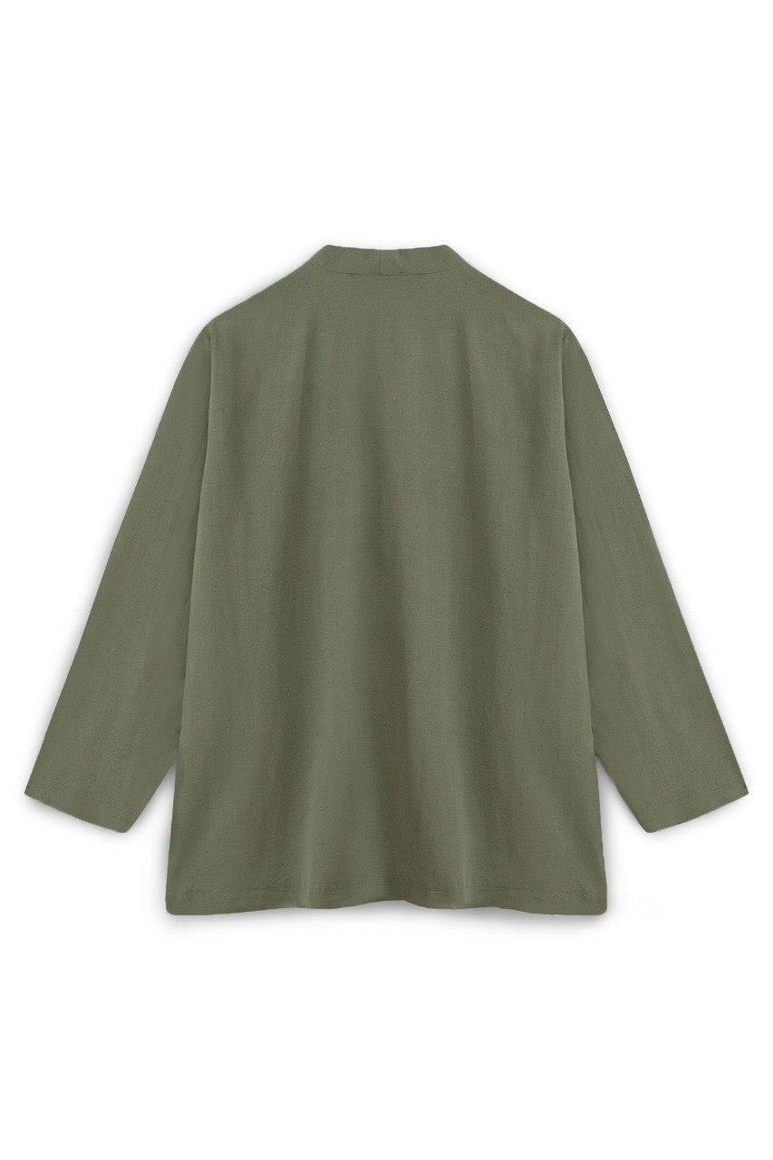 Bağcıklı Keten Karışımlı Kimono Haki
