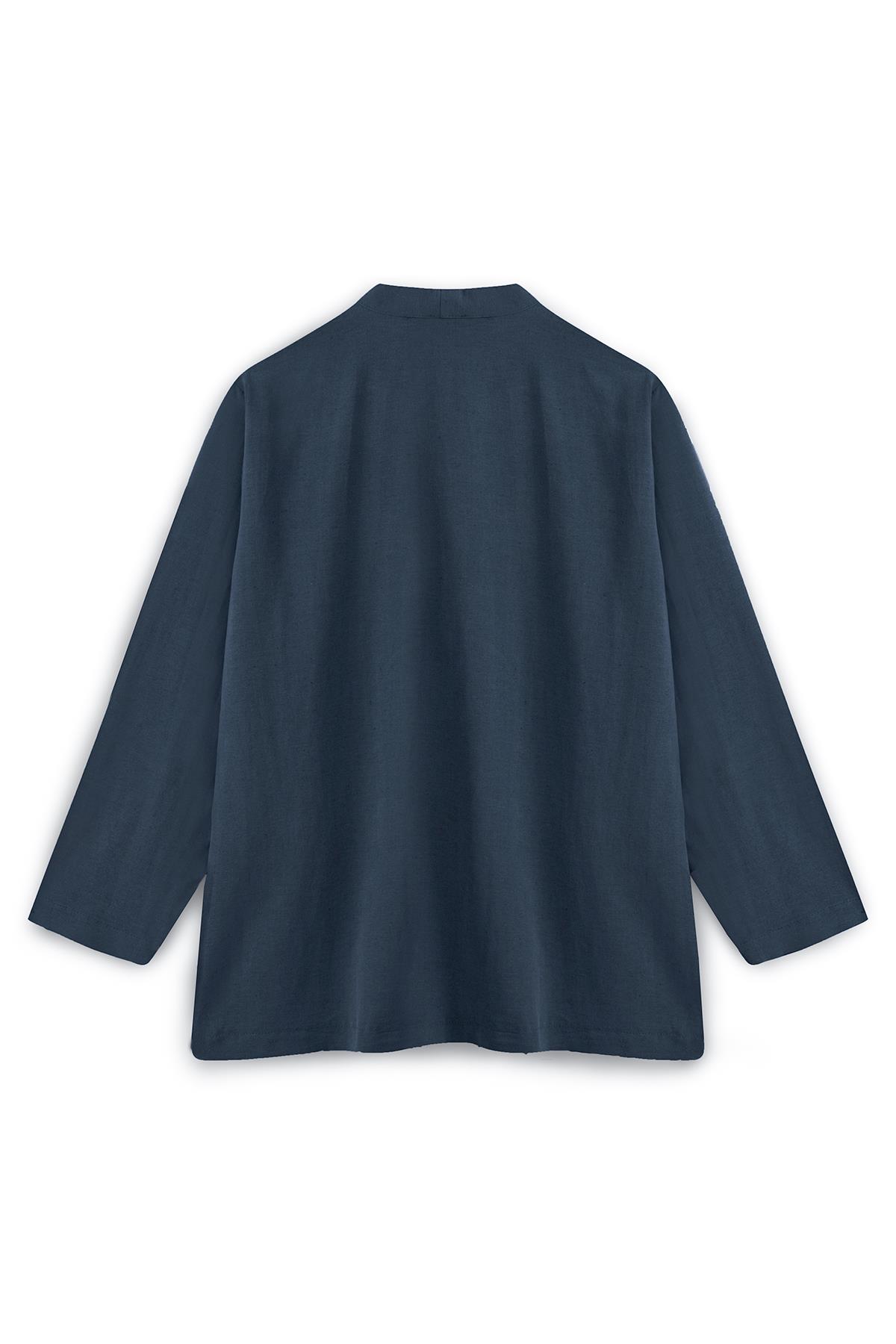 Bağcıklı Keten Karışımlı Kimono Lacivert