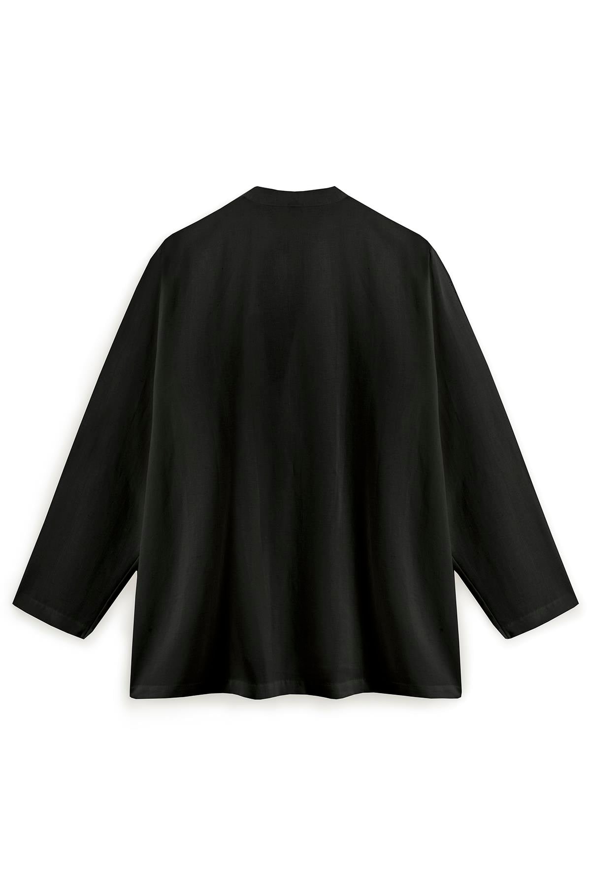 Bağcıklı Keten Karışımlı Kimono Siyah