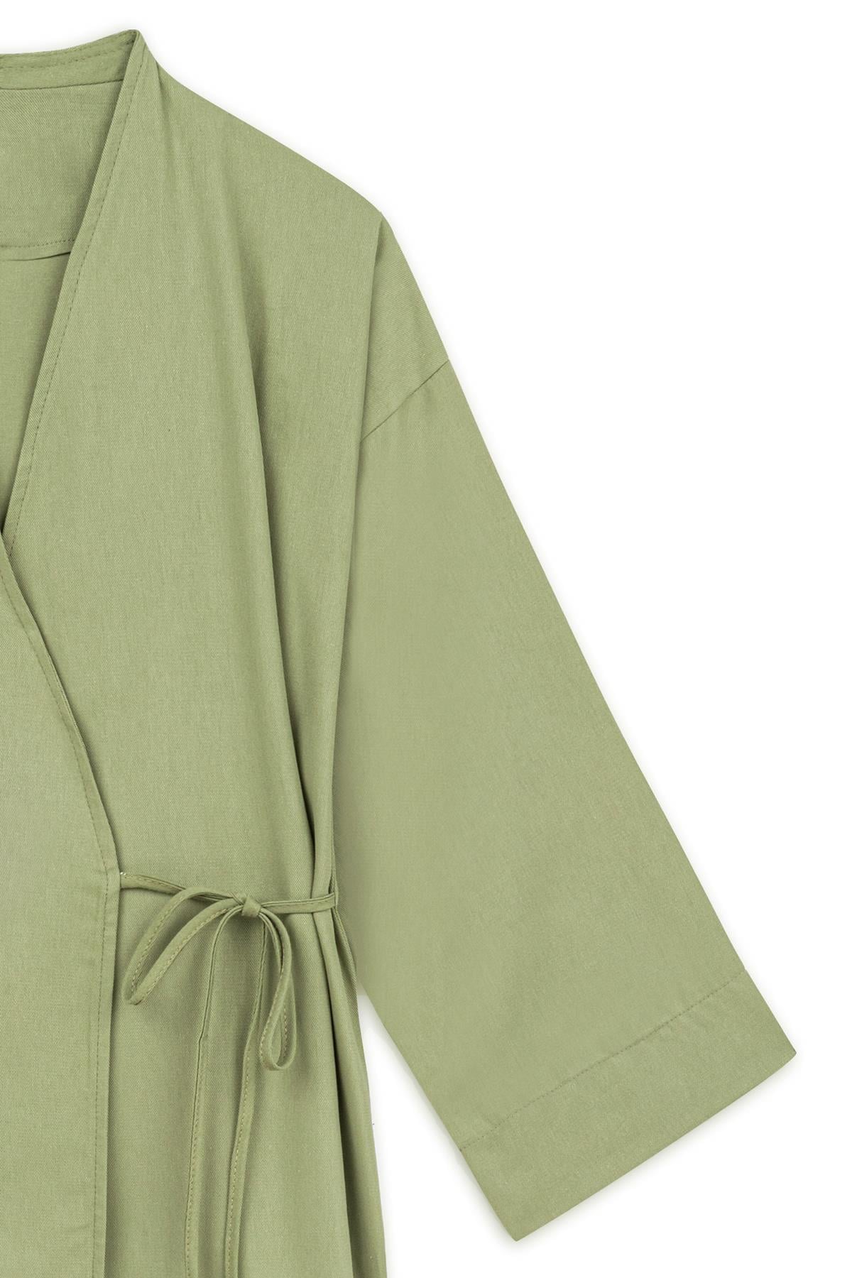 Bağlamalı Gabardin Kimono Yağ Yeşili