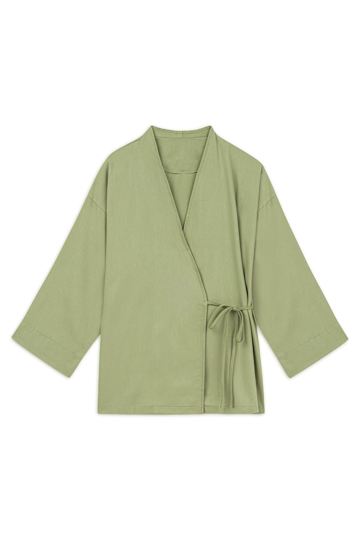 Bağlamalı Gabardin Kimono Yağ Yeşili