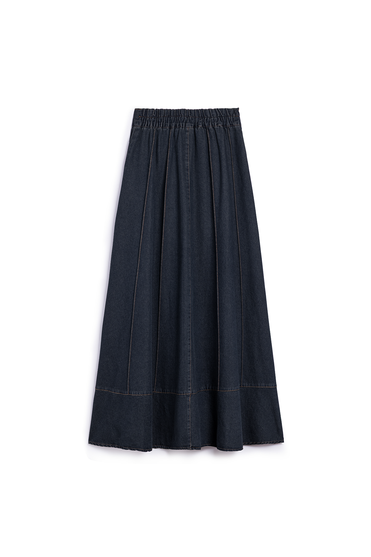 Biyeli Kloş Denim Etek Koyu Mavi