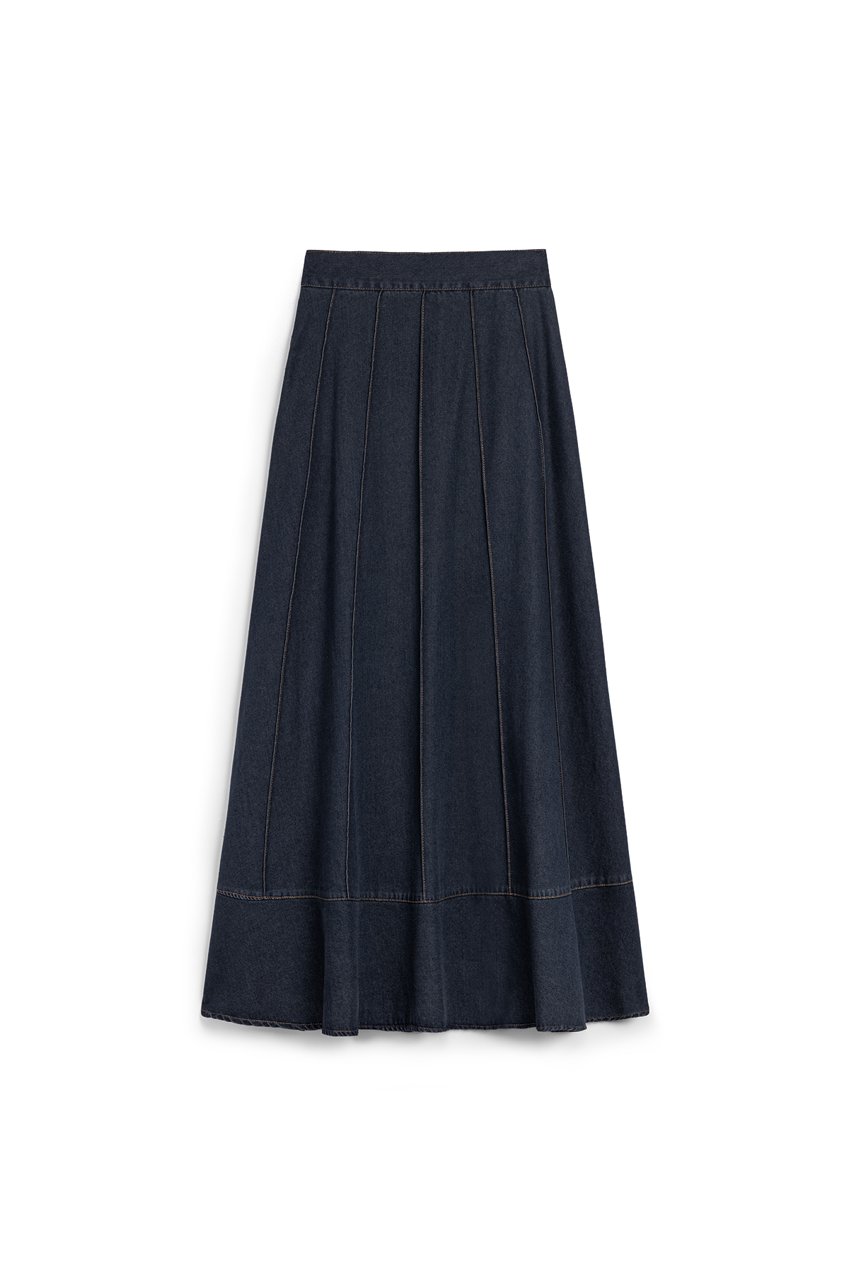 Biyeli Kloş Denim Etek Koyu Mavi