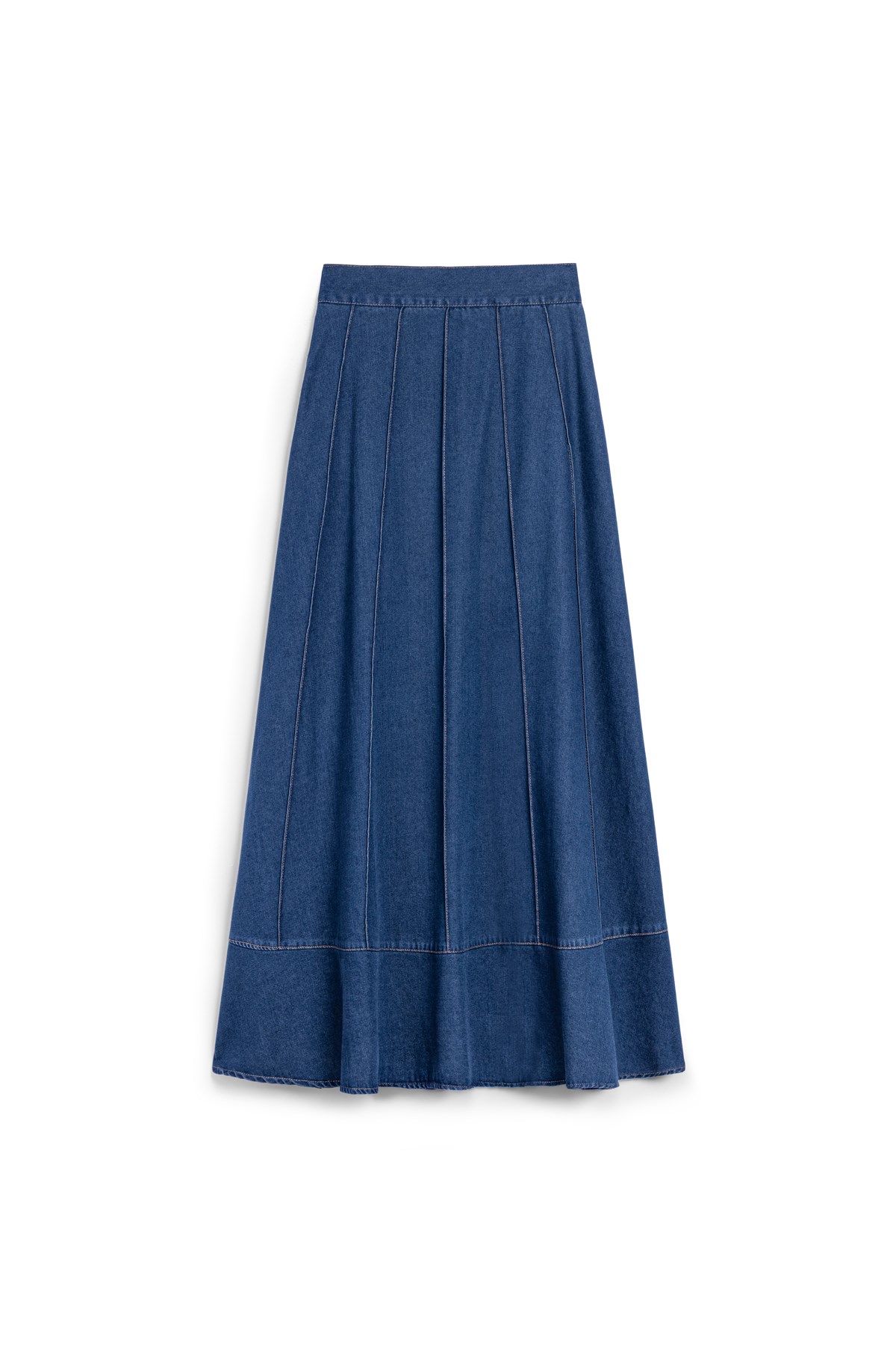 Biyeli Kloş Denim Etek Mavi
