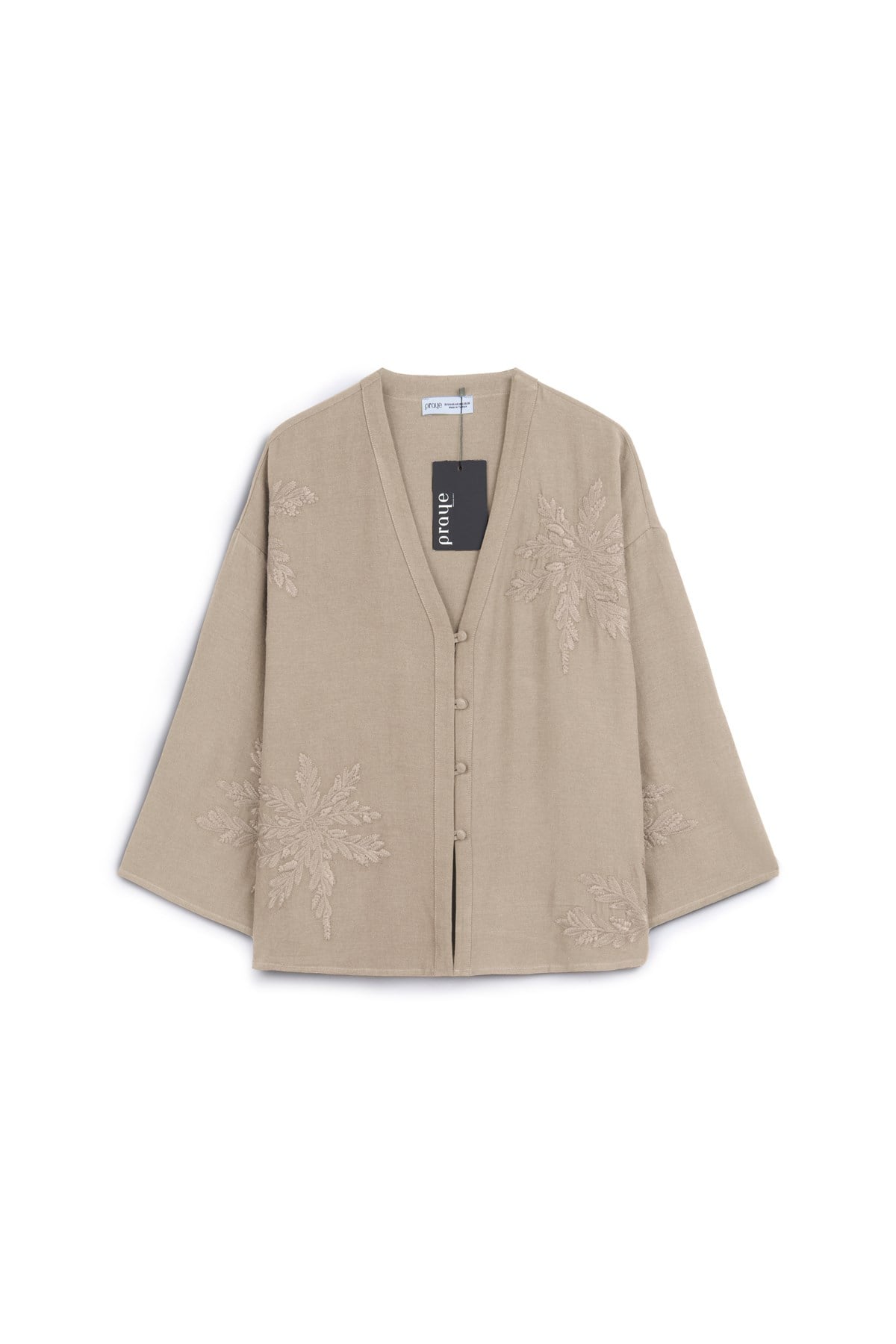 Nakışlı Düğmeli Kimono Bej