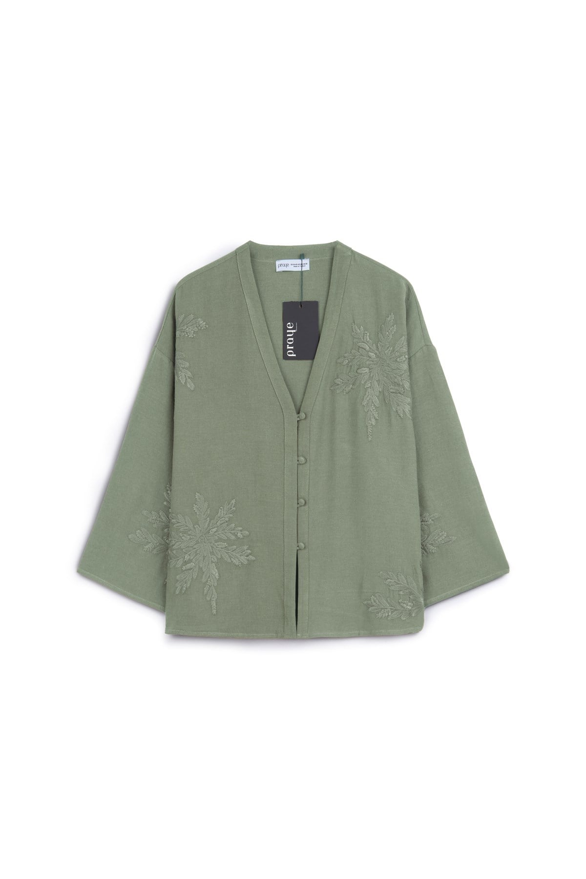 Nakışlı Düğmeli Kimono Çağla