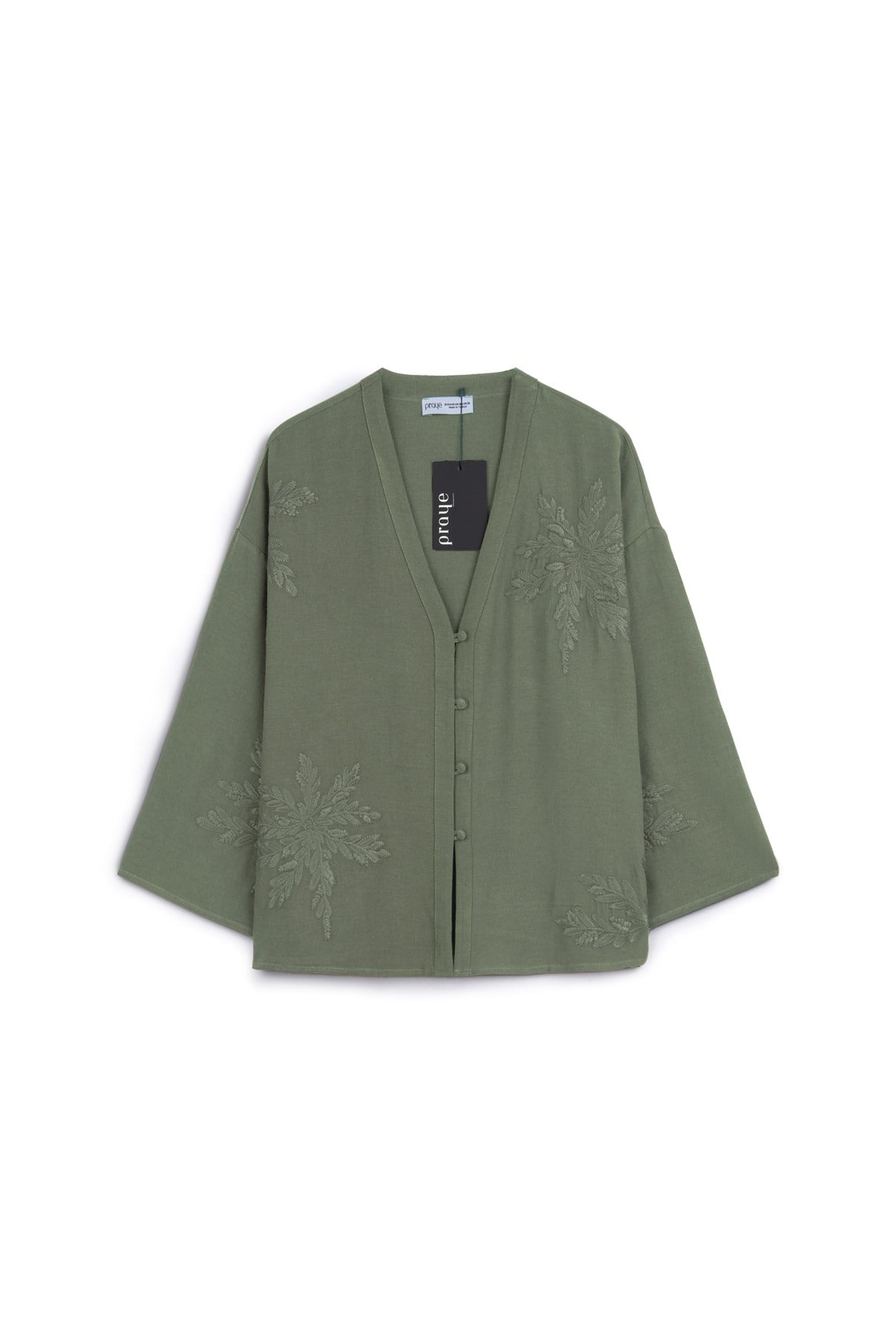 Nakışlı Düğmeli Kimono Haki