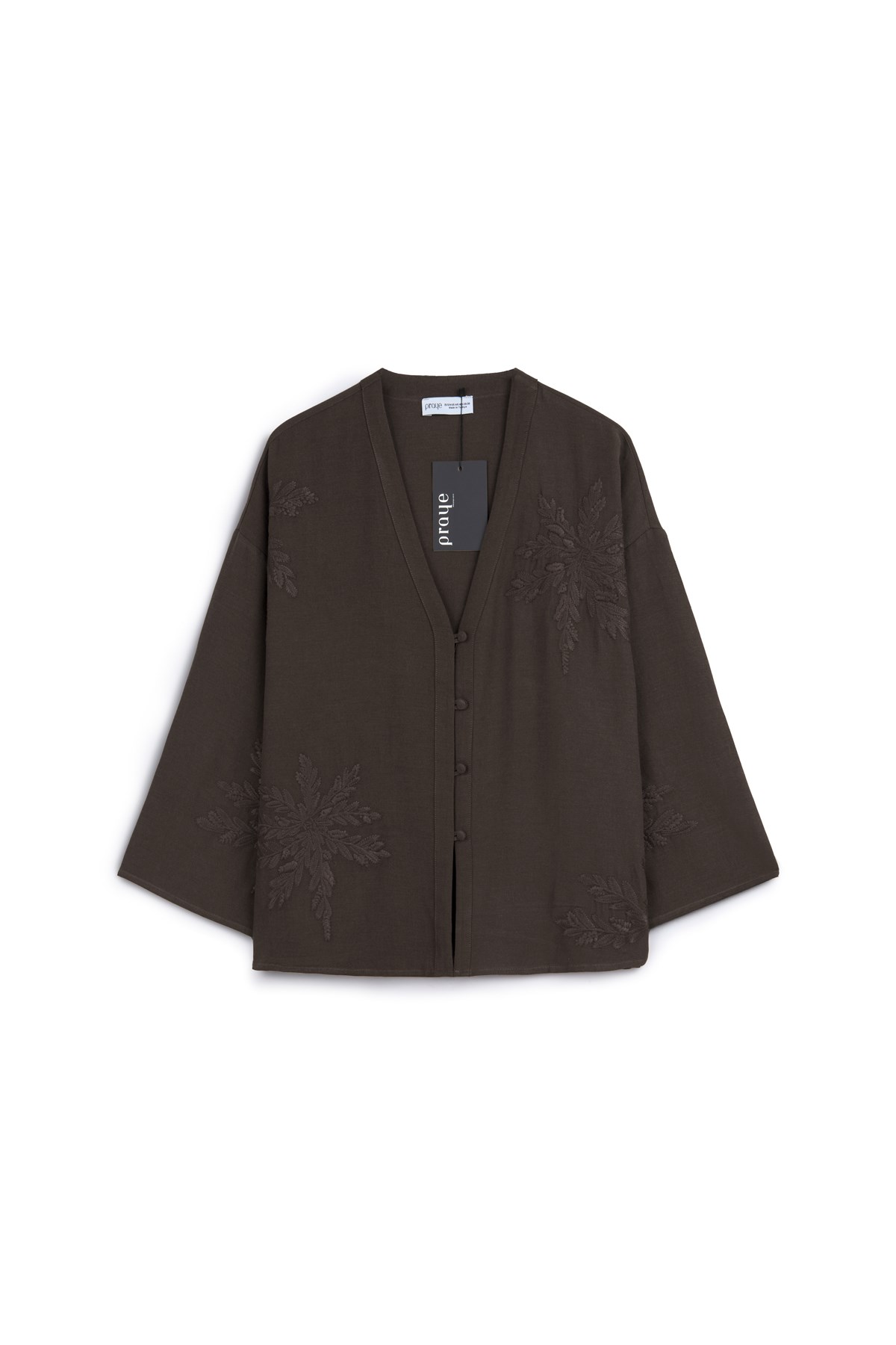 Nakışlı Düğmeli Kimono Kahverengi