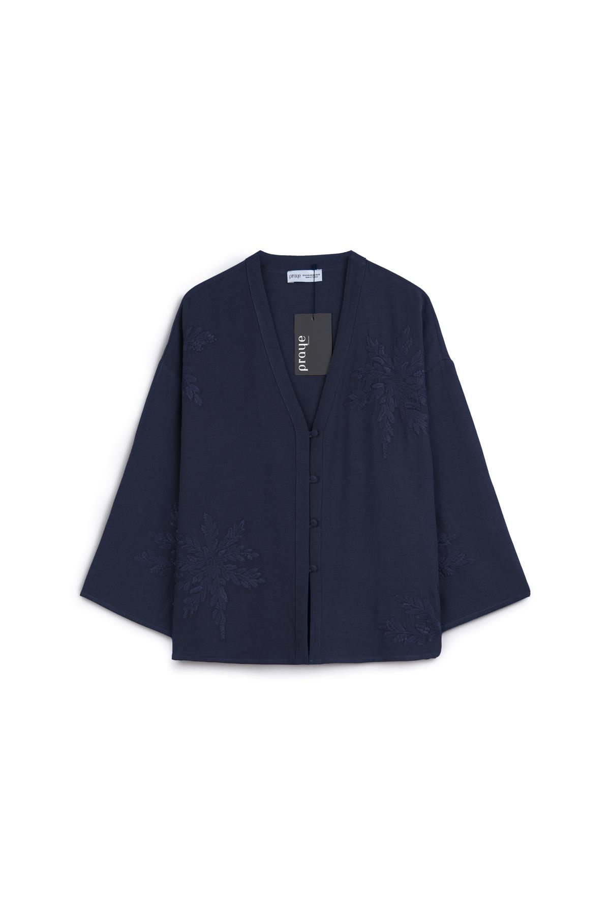 Nakışlı Düğmeli Kimono Lacivert