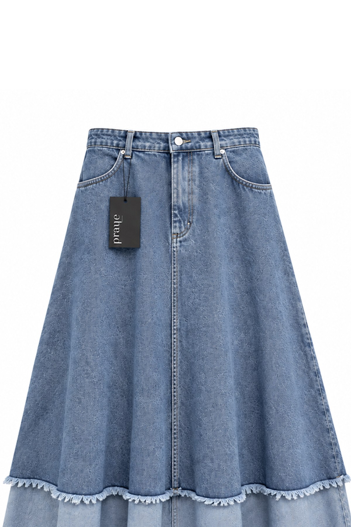 Püsküllü Çift Renk Denim Etek Açık Mavi