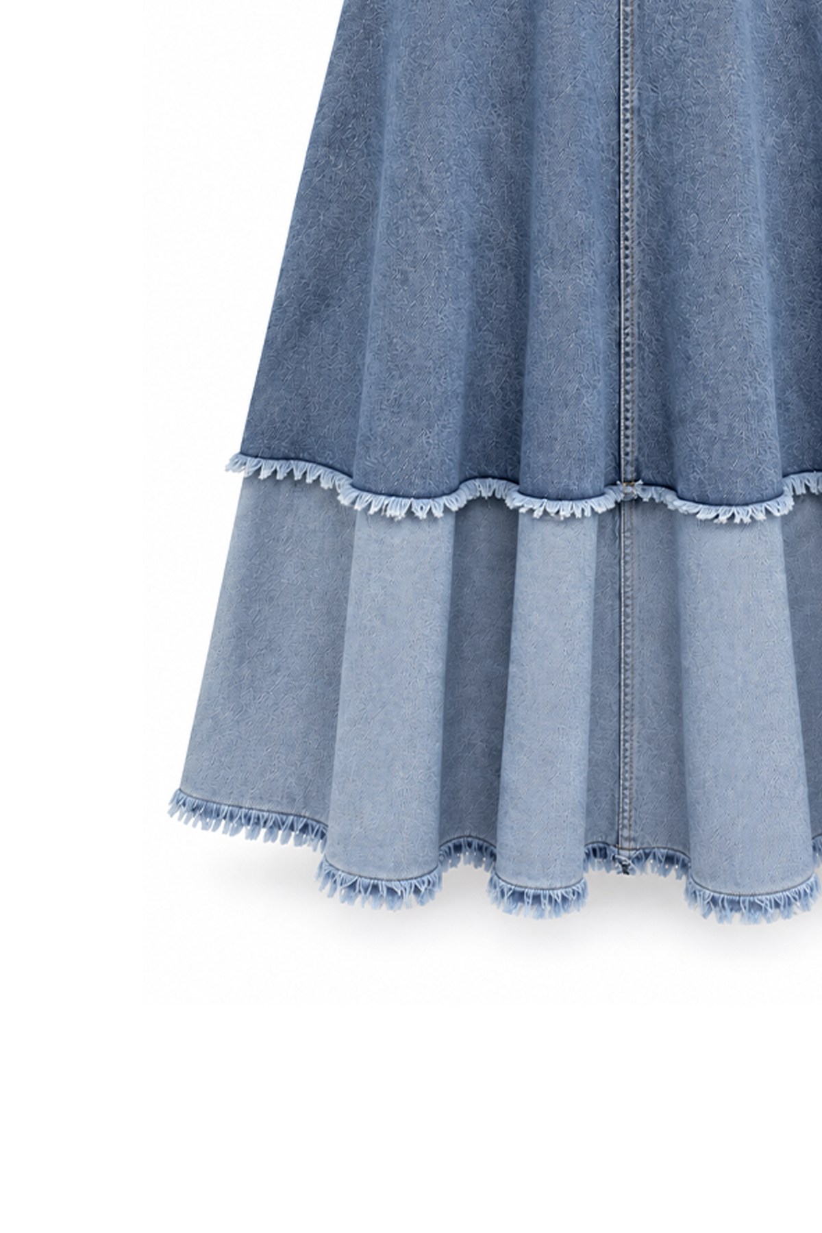 Püsküllü Çift Renk Denim Etek Açık Mavi