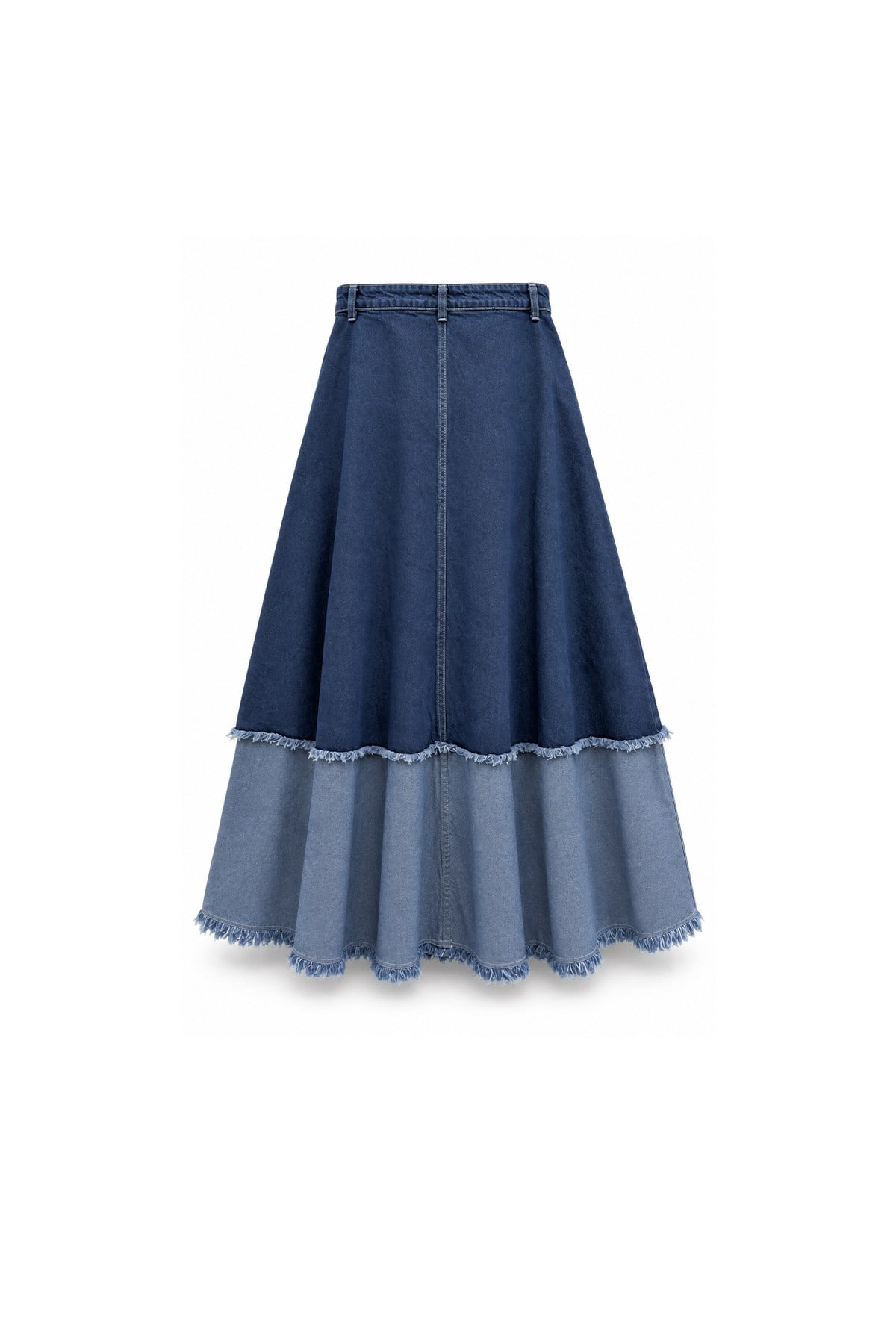 Püsküllü Çift Renk Denim Etek Mavi