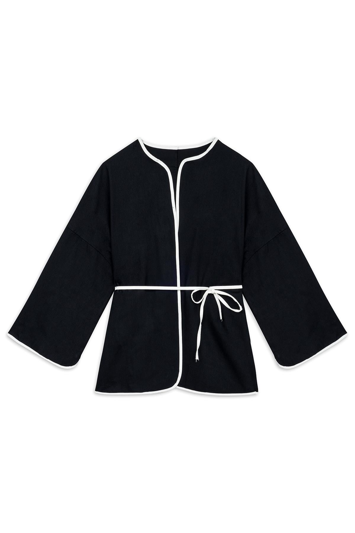 Şeritli Gabardin Kimono Siyah