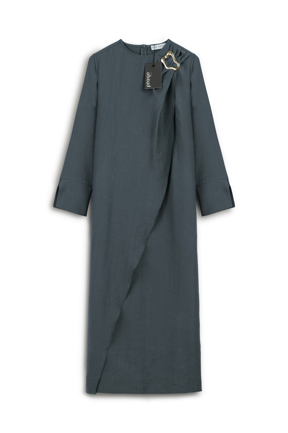 Tokalı Tencel Elbise Gri